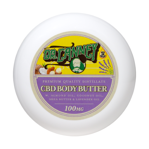 CBD Lavender Body Butter in glossy white plastic container - Experience luxury with our 100mg CBD-infused formula infused with soothing Lavender.