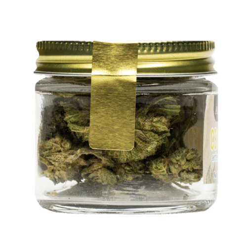 Craft CBG Flower in Air Tight Jar. Side of jar that shows the CBG buds.