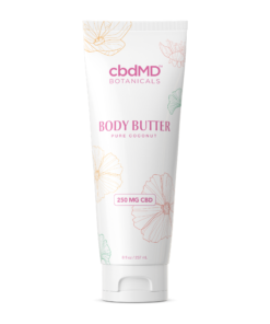 CBD Body Butter: A tall, white lotion tube adorned with pink writing and whimsical flower outlines, a poetic elixir for your skin.