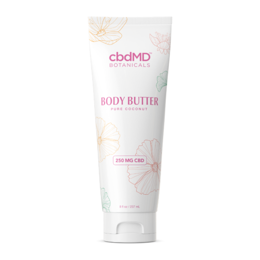 CBD Body Butter: A tall, white lotion tube adorned with pink writing and whimsical flower outlines, a poetic elixir for your skin.