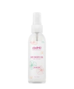 CBD Sky Body Oil: A tall, white spray bottle adorned with pink lettering and whimsical flower outlines, a poetic elixir for your skin and senses.