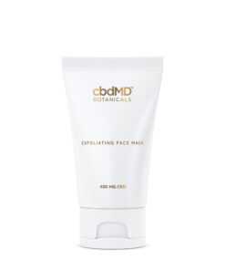 CBD Exfoliating Face Mask: Encased in an elegant glossy white tube with gold lettering, a poetic elixir for skin rejuvenation.
