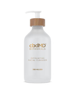 CBD Exfoliating Facial Cleanser: Encased in an elegant glass bottle with gold lettering, the glossy white pump whispers tales of renewal and grace.