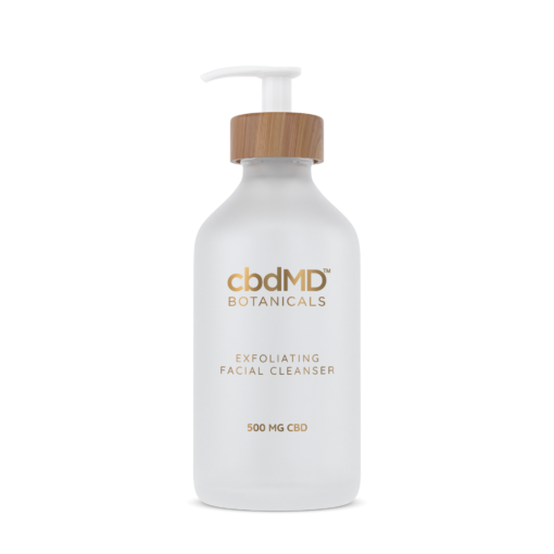 CBD Exfoliating Facial Cleanser: Encased in an elegant glass bottle with gold lettering, the glossy white pump whispers tales of renewal and grace.