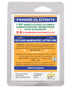 Back Label of Standard Oil Delta-10 THC Vape Cartridge - Blue and Gold packaging featuring product details and FDA warning.