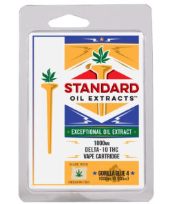 Standard Oil Gorilla Glue #4 Delta-10 THC Vape Cartridge Packaging - Blue and Gold label with the iconic TORCH logo featuring a Cannabis Leaf.