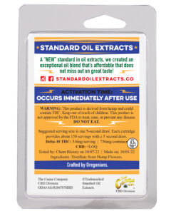 Back Label of Standard Oil Unflavored Delta-10 THC Vape Cartridge - Blue and Gold packaging featuring product details and FDA warning.