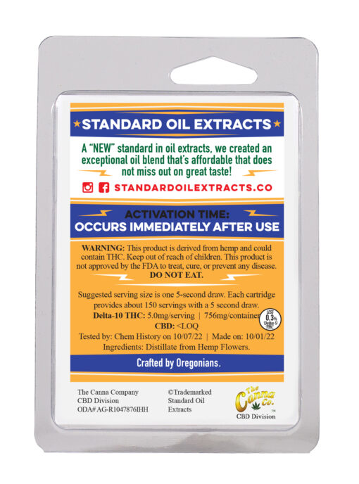 Back Label of Standard Oil Unflavored Delta-10 THC Vape Cartridge - Blue and Gold packaging featuring product details and FDA warning.