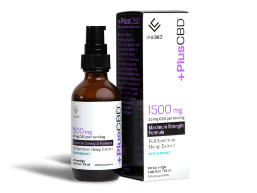 1500mg Peppermint CBD Oil pump action bottle next to its packaging box - CV Sciences
