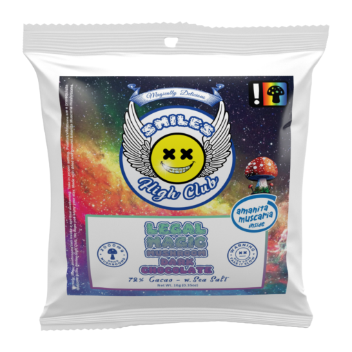 Immerse yourself in the rich allure of Smiles High Club's Magic Mushroom Dark Chocolate – a decadent dark chocolate bar enclosed in a mylar bag featuring an elegant space background.