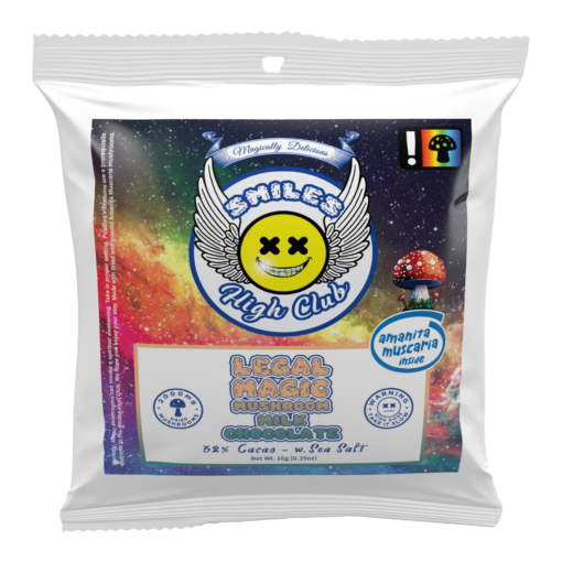 Indulge in the cosmic charm of Smiles High Club's Magic Mushroom Milk Chocolate – a delightful milk chocolate bar sealed in a mylar bag adorned with a vibrant space background.
