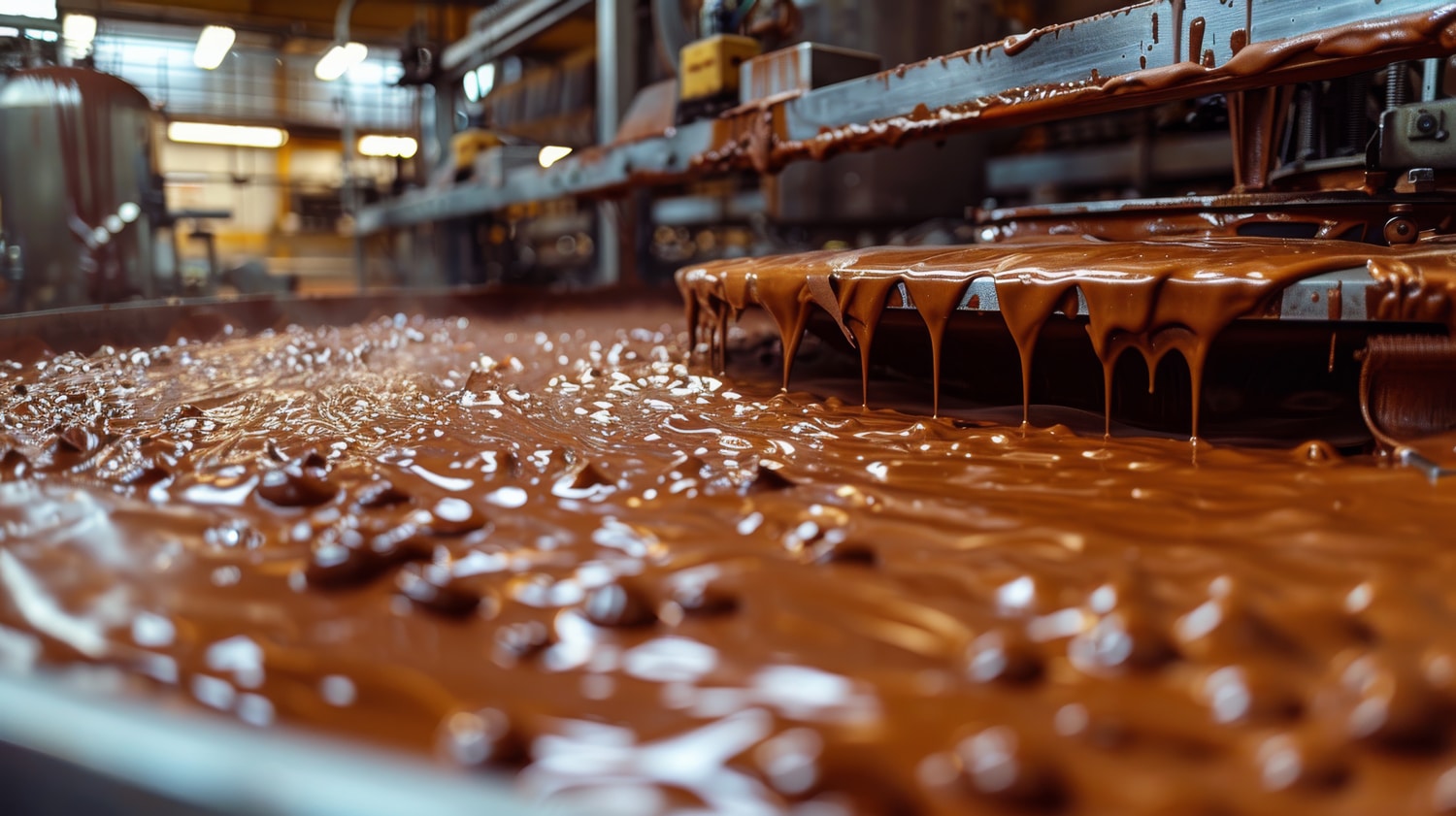 Chocolate production line with molten chocolate flowing over a conveyor belt in a factory, showcasing the process behind hemp chocolate and traditional edibles for a healthier alternative comparison.